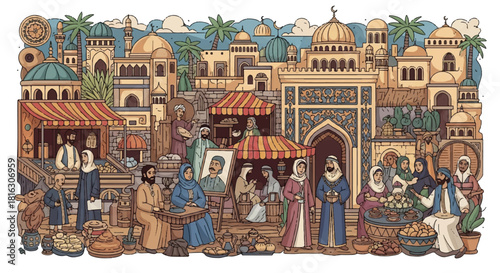 Vibrant Middle Eastern Marketplace Scene with Diverse People and Artisans