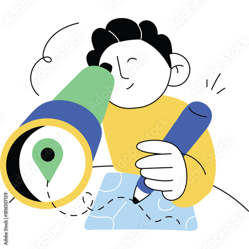 Person Looking Through Telescope Holding Pen Drawing Map With Location Pin Shows Discovery Exploration and Planning Concept Illustration