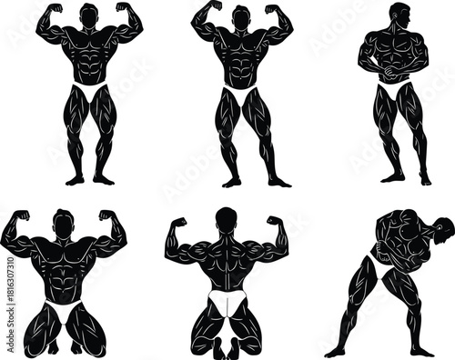 Bodybuilder silhouettes collection showing muscular men posing and flexing muscles for gym fitness vector illustration.