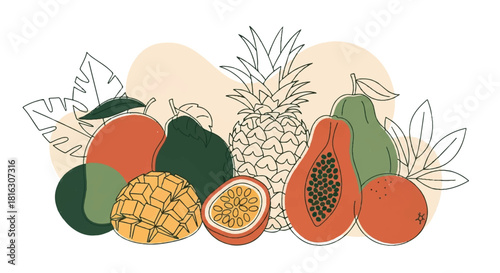 Tropical Fruit Arrangement with Leaves and Abstract Shapes