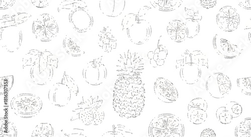 A delightful collection of assorted fruits rendered in a charming, minimalist line art style on a clean white background