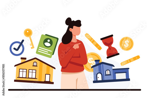 Comparison of different options to buy or rent property, choice of investment in big or small house. Woman thinking about saving money, choose affordable home size cartoon vector illustration