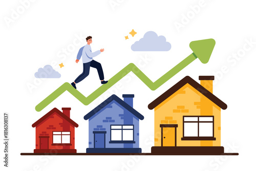 Price rise in real estate market, property investment and home valuation. Tiny businessman running up on rising green graph, man trying to keep up with house price growth cartoon vector illustration