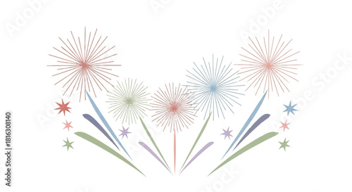 Colorful abstract fireworks display with various shapes and vibrant hues on a clean white background, perfect for celebrations and festive themes