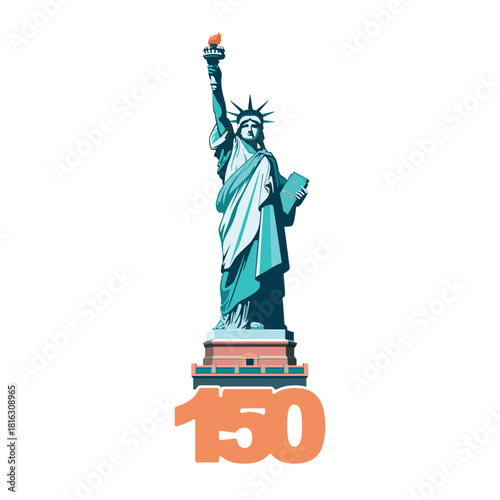 Statue of Liberty monument, poster. 150 years. July 4, USA Independence Day. Green flat design template. Holiday, welcome to America USA. New York symbol, banner, advertisement. Vector illustration 
