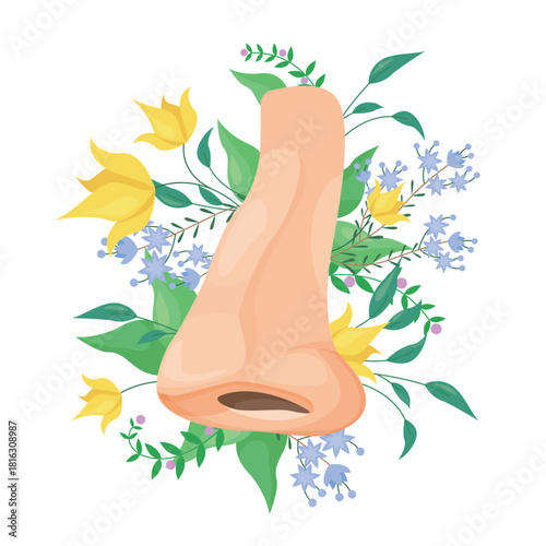 Human nose with flowers vector illustration. Cartoon isolated floral bouquet, plants and side view of nose with nostril, care of sense of smell and nasal health, rhinoplasty and and disease treatment