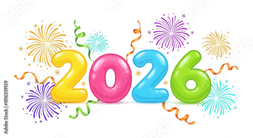 Celebrate the new year with bright, colorful 2026 balloons and celebratory fireworks, perfect for festive designs and joyful holiday marketing