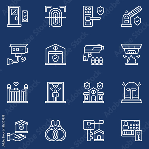 Collection of Security and Protection Icons, Including Surveillance Cameras, Fingerprint Scanners, and Handcuffs for Safety and Access Control