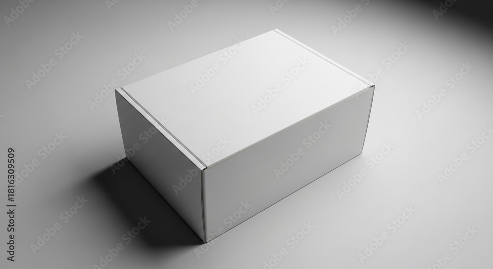 Fototapeta premium A simple, blank white rectangular cardboard box, ideal for product packaging, shipping, or storage, presented with a clean and minimalist aesthetic, ready for branding