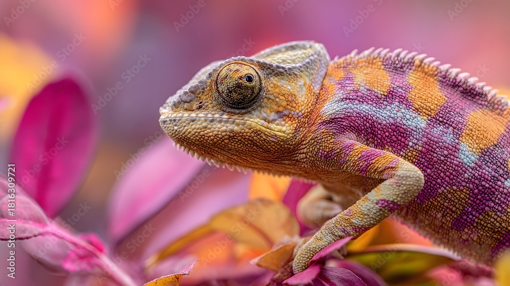 Fototapeta premium Colorful Panther Chameleon Resting on Vibrant Pink Leaves.