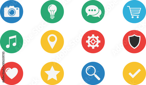 Colorful Icon Set Representing Various Applications and Functions.