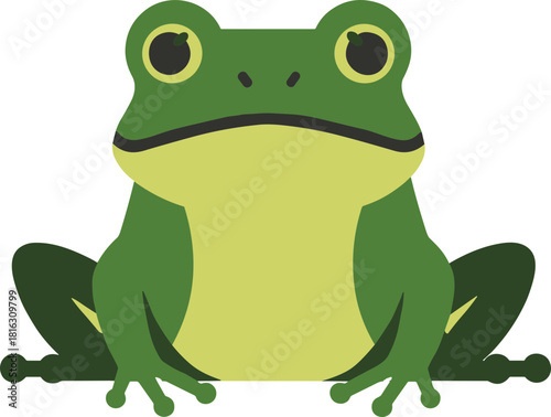 Cute Green Frog Sitting Front View Illustration.