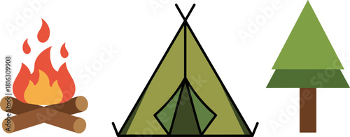 Set of camping icons with campfire tent and tree.