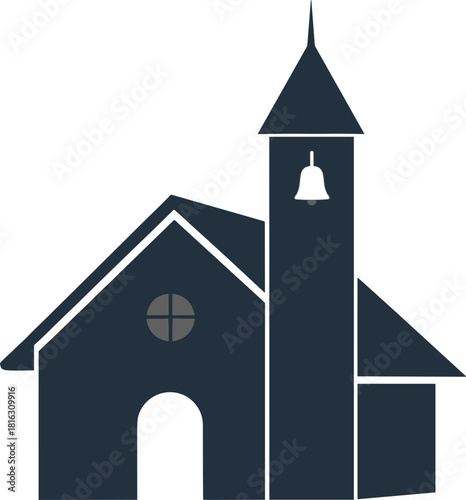 Simple Dark Blue Church Building Icon with Bell Tower and Window.