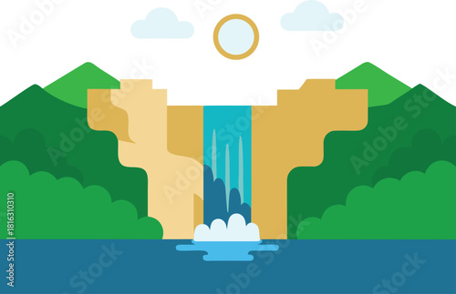 Serene coastal landscape with white bridge green hills and azure sea