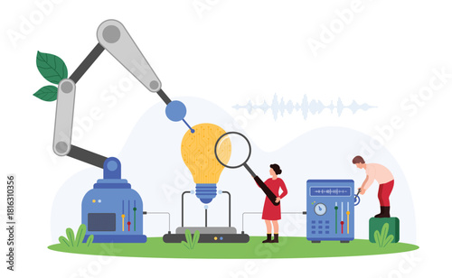 Development of digital creative project using AI technology, future tech innovation. Tiny people with magnifying glass, lab equipment and robotic arm build light bulb cartoon vector illustration