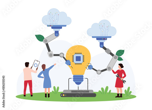 Creative project development with future innovation. Teamwork of tiny people and robotic arms with connection to cloud, engineers and robots build light bulb with circuit cartoon vector illustration