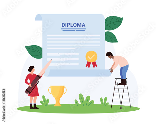 Certificate of qualification, high school, college and university graduation, award of success achievement. Tiny people holding pen and rolled paper diploma scroll cartoon vector illustration