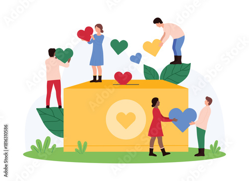 Charity, crowdfunding, financial assistance and help from voluntary fundraising organization. Tiny kind people donate hearts into donation box, volunteers give gifts cartoon vector illustration
