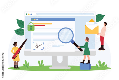 Digital signature for contract or deal, online agreement. Tiny people sign document on computer screen, holding open email and magnifying glass to research signature cartoon vector illustration