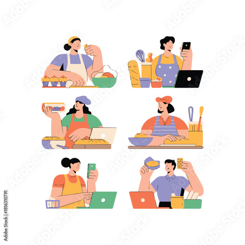 Six diverse people engaged in baking and online activities cooking food