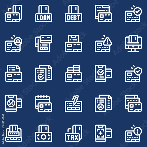 Finance and payment outline icon set for professional applications. This collection includes vector symbols for credit card, online banking, mobile transactions, and financial management