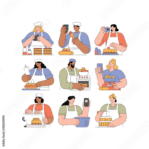 Nine bakers in white aprons preparing food and using phones baking cooking