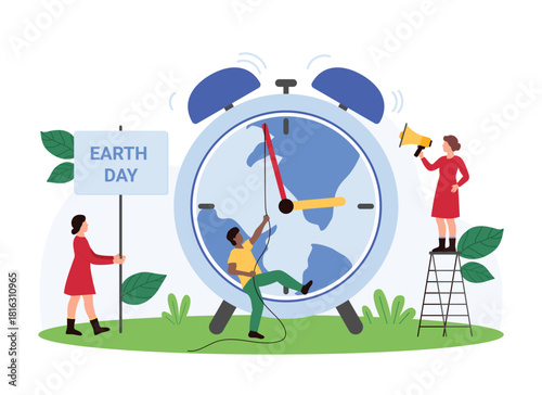 Save the environment and nature of planet, global environmental protection worldwide. Tiny people hold megaphone and Earth Day sign, turn hand of clock on globe of Earth cartoon vector illustration