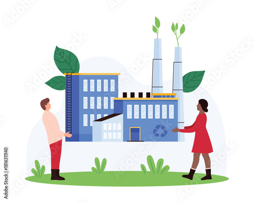 Eco friendly technology, carbon offset to reduce CO2 greenhouse gases. Tiny people holding factory building with recycle sign, green leaf growing in chimney cartoon vector illustration