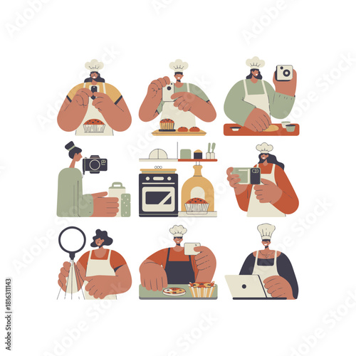Chefs photographing baking and using technology in kitchen scenes cooking food
