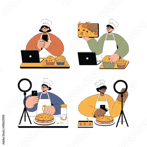 Four chefs in chef hats and aprons recording cooking content on phones and laptops baking