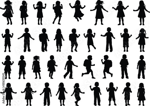 Collection of playful children silhouettes in various poses, dancing, walking, running and standing, isolated black vector figures for education, design, school and activity projects