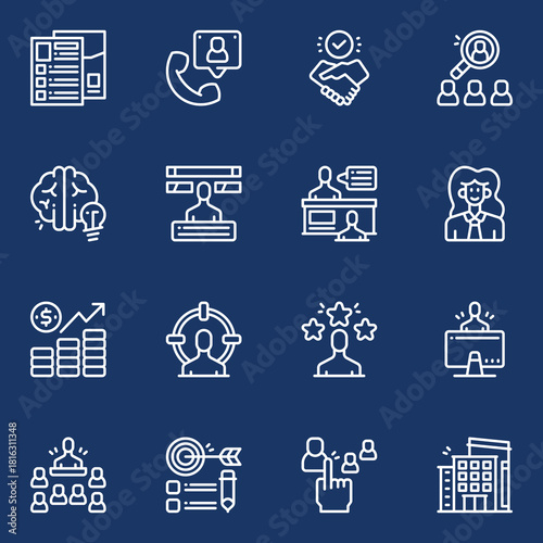 Business and human resources outline icon set for web and mobile applications, including symbols for teamwork, finance, and interviews