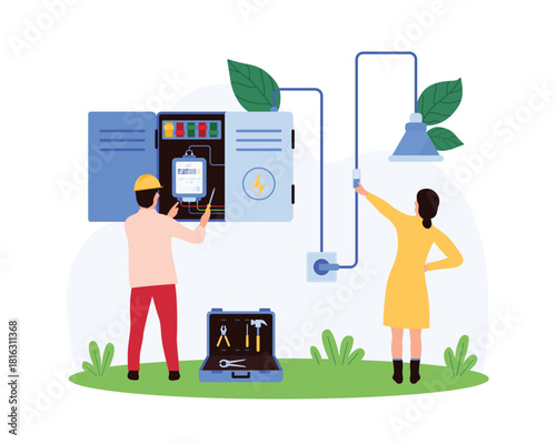 Electric switchboard repair and maintenance. Tiny electrician standing at switch and fuse box, repairman in helmet fixing breaker and circuit board, electric meter cartoon vector illustration