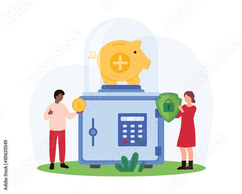 Investment to emergency fund, finance reserve and retirement savings. Tiny people save money in metal safe and piggy bank to break in SOS case, holding insurance shield cartoon vector illustration