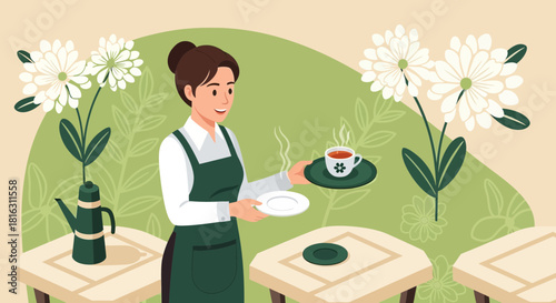 Illustration of a smiling waitress serving tea in a charming floral cafe ambiance