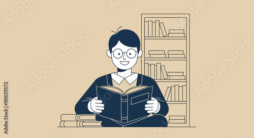 Illustration of a student reading a book near a bookshelf in a minimalist style