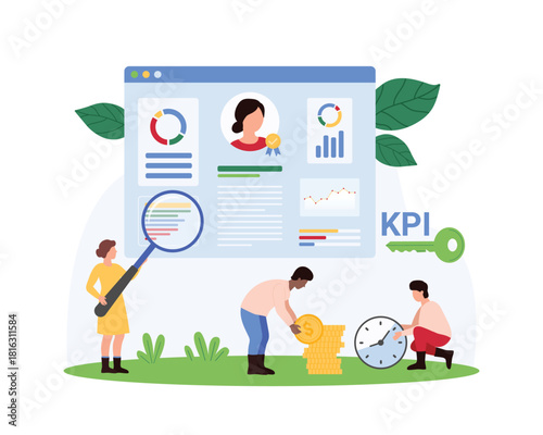 KPI of employee evaluation, key performance indicator analysis for optimization of remuneration. Tiny people with magnifying glass test data report on dashboard profile cartoon vector illustration