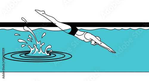 Illustration of a swimmer diving into a pool showcasing athleticism and sport motion with water