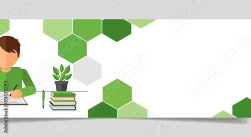 Illustration of a student studying with books and hexagons background design
