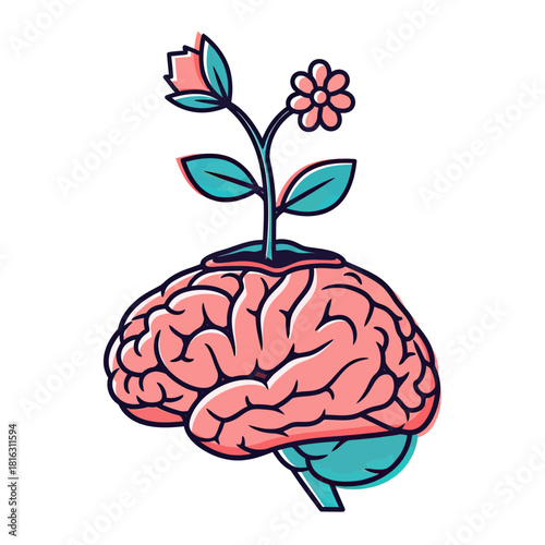 Brain with growing flower representing mental health and growth.