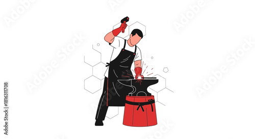 Illustrative depiction of a blacksmith at work with sparks and geometric patterns a modern