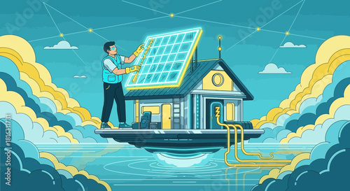 Installation of solar panels on a modern floating house with clean energy future vision