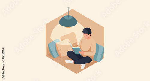 Isometric illustration of a man reading a book under a lamp inside a hexagonal room, promoting a