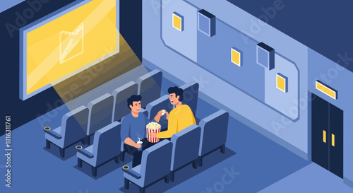 Isometric illustration showcasing two friends enjoying a movie with popcorn in a cinema