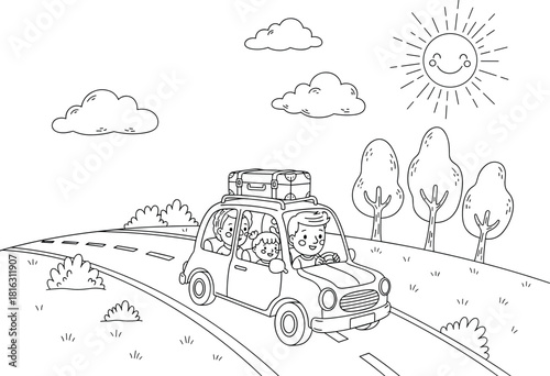 Cute family road trip coloring page illustration with happy children in car, summer travel scene, smiling sun, trees, clouds and scenic countryside background for kids