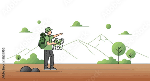 Illustration of a Hiker Navigating with a Map in a Mountainous Landscape Scenery