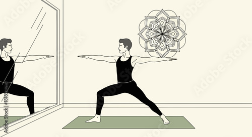 Man practicing yoga warrior pose in minimalist style studio with a mirror and mandala art