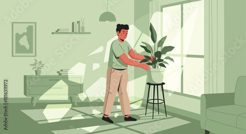 Man tending to houseplant in a brightly lit living room interior scene illustration
