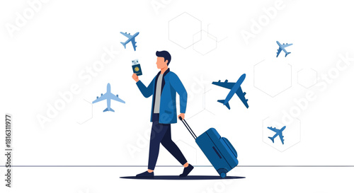 Man with luggage and passport planning trip showcasing global connectivity and modern travel
